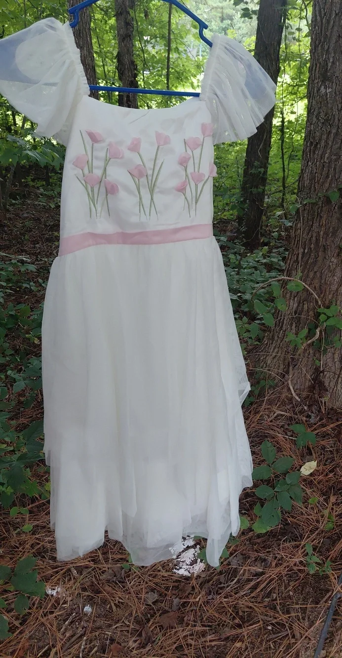 Biscotti White Formal Dress with Pink Floral Embroidery